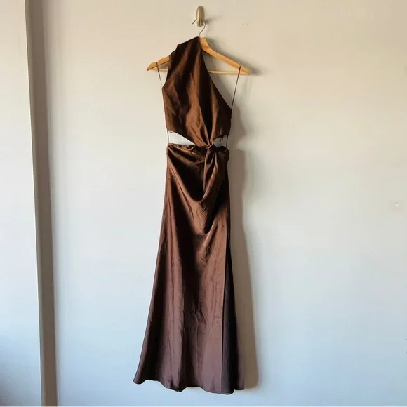misha brown dress Avianna Dreamy V Neck Sleeveless Ruched Satin Formal Dresses, Burnt Orange main image 0